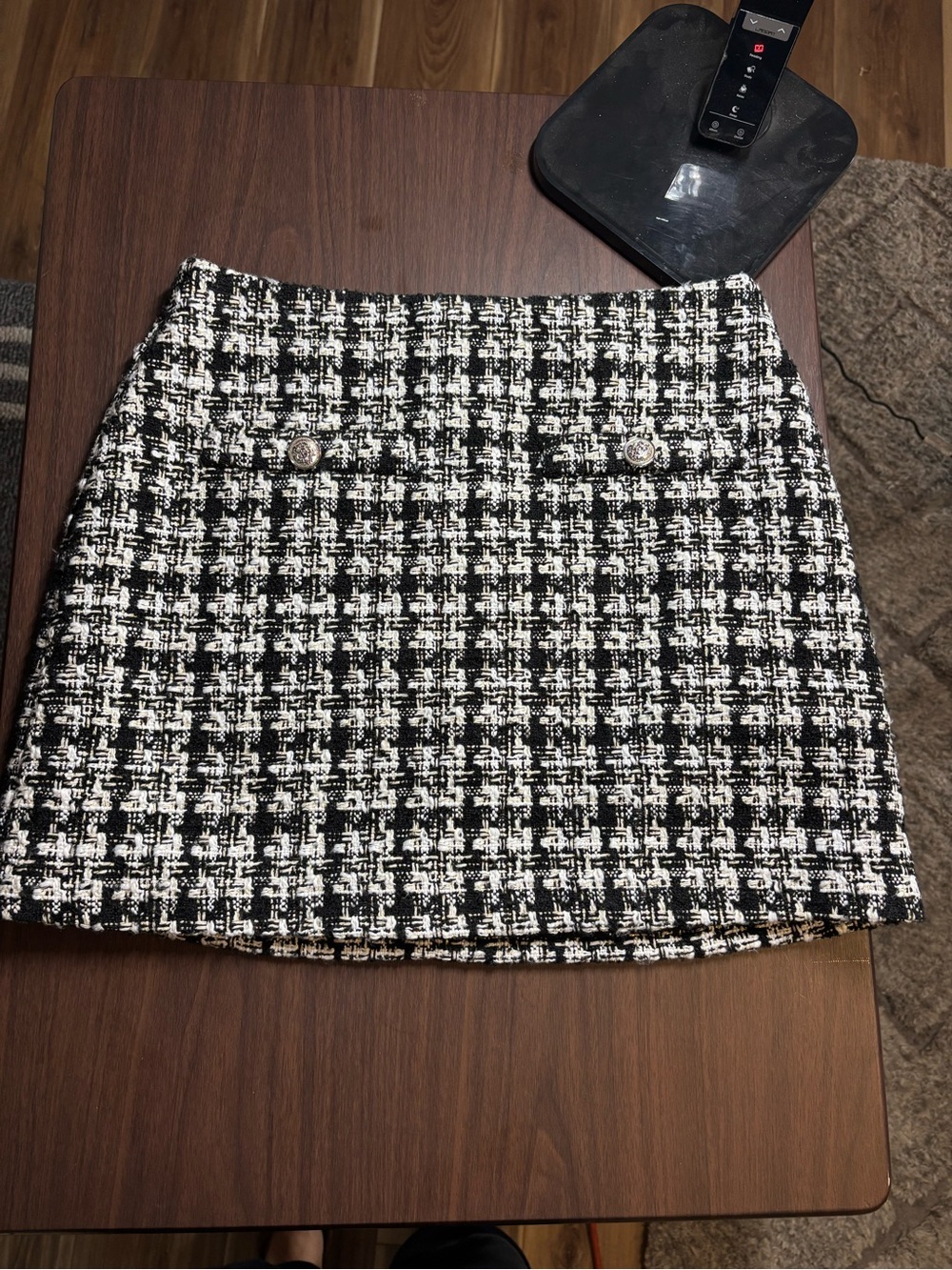 H&M Black and White Tweed Mini Skirt with Decorative Buttons